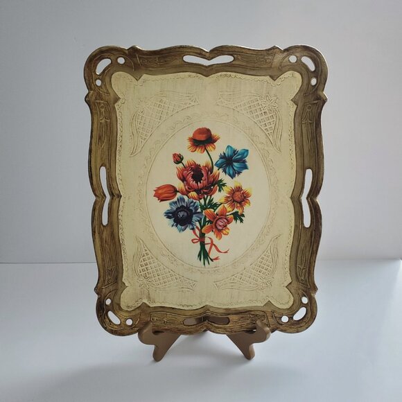 MCM 70s Antiqued Floral Melamine Tray Florentine Design Gold Painted Ornate Trim - Picture 7 of 7